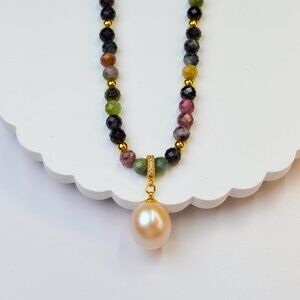 Tourmaline & King Size Edison Pearl Pendant Necklace 19"